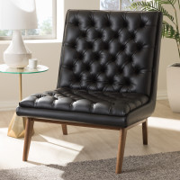 Baxton Studio BBT5272-Pine Black-CC Annetha Mid-Century Modern Black Faux Leather Upholstered Walnut Finished Wood Lounge Chair